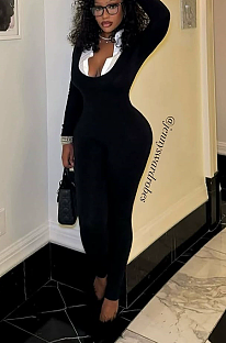 SUPER WHOLESALE | Color-blocked Faux Two-piece Collar Long Sleeve Plain Jumpsuit