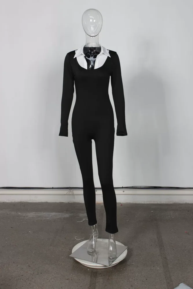 SUPER WHOLESALE | Color-blocked Faux Two-piece Collar Long Sleeve Plain Jumpsuit