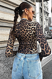 SUPER WHOLESALE | Leopard Print Drawstring Cropped Slim-fit Long Sleeve Top