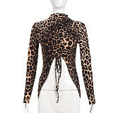 SUPER WHOLESALE | Leopard Print Drawstring Cropped Slim-fit Long Sleeve Top
