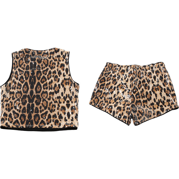 SUPER WHOLESALE | Sleeveless Leopard Print Sequined Tight-fitting Short Set
