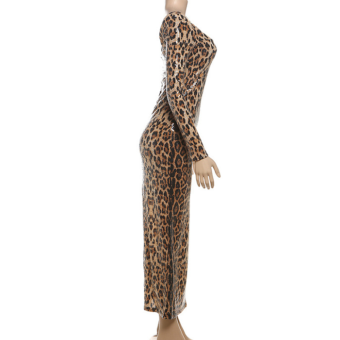 SUPER WHOLESALE | Sexy Leopard Print Sequined Square Neck Long Bodycon Dress