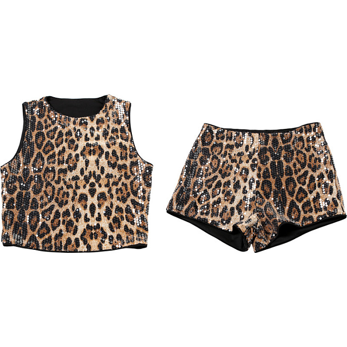 SUPER WHOLESALE | Sleeveless Leopard Print Sequined Tight-fitting Short Set