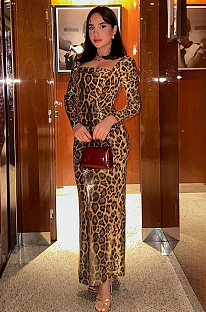 SUPER WHOLESALE | Sexy Leopard Print Sequined Square Neck Long Bodycon Dress