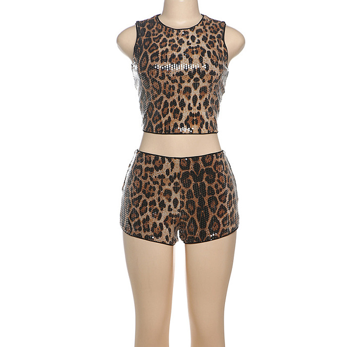 SUPER WHOLESALE | Sleeveless Leopard Print Sequined Tight-fitting Short Set