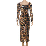 SUPER WHOLESALE | Sexy Leopard Print Sequined Square Neck Long Bodycon Dress