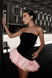 SUPER WHOLESALE | High-End Velvet Strapless Sleeveless Patchwork Puff Dress