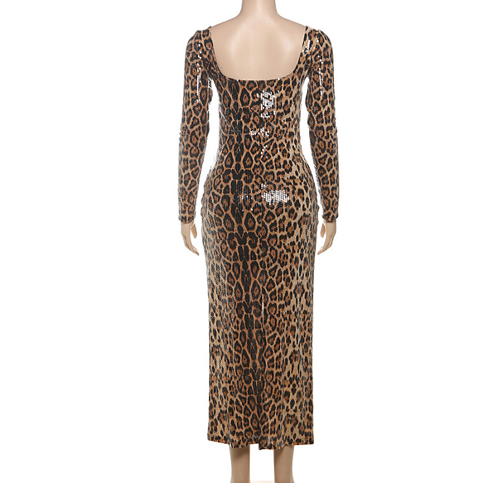 SUPER WHOLESALE | Sexy Leopard Print Sequined Square Neck Long Bodycon Dress