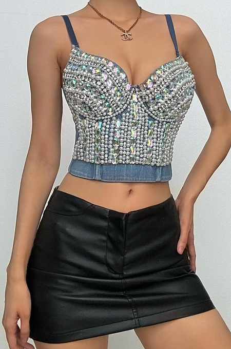 SUPER WHOLESALE |  Beaded denim v neck backless cami top