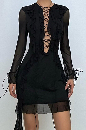 SUPER WHOLESALE |  Long sleeve lace up ruffle self tie mesh mini dress