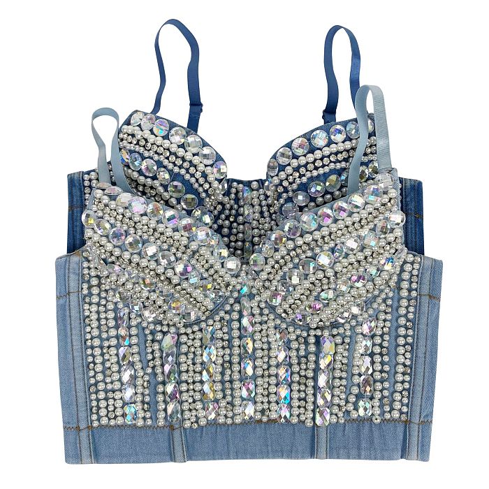 SUPER WHOLESALE |  Beaded denim v neck backless cami top