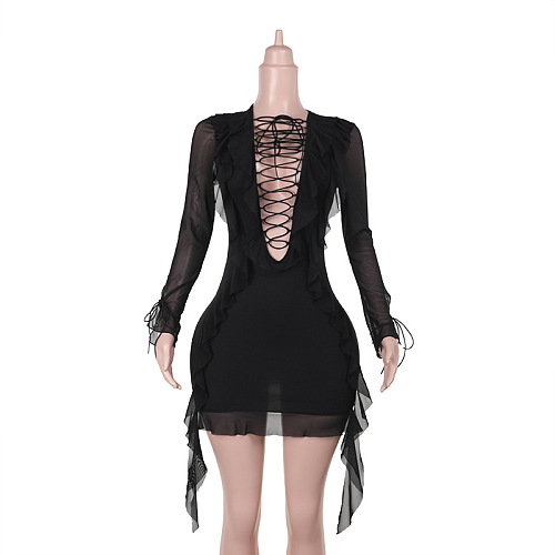 SUPER WHOLESALE |  Long sleeve lace up ruffle self tie mesh mini dress