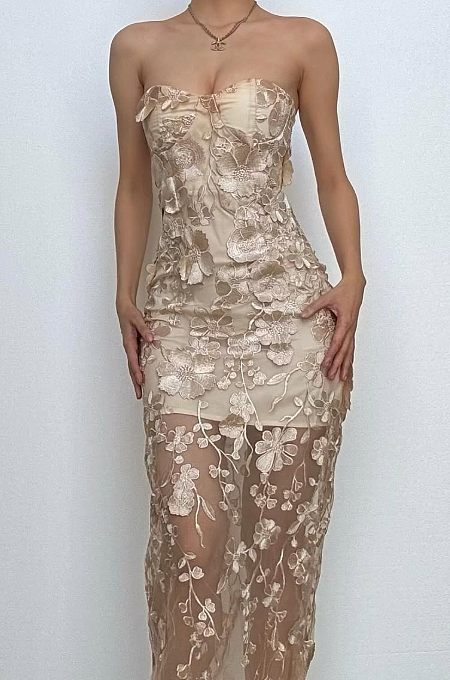 SUPER WHOLESALE |  Sweetheart neck flower applique tube maxi dress