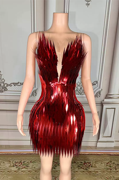 US$ 75.00 - SUPER WHOLESALE | Jimmie Metal Feather Mini Dress In Red -  m.fashion-wish.net
