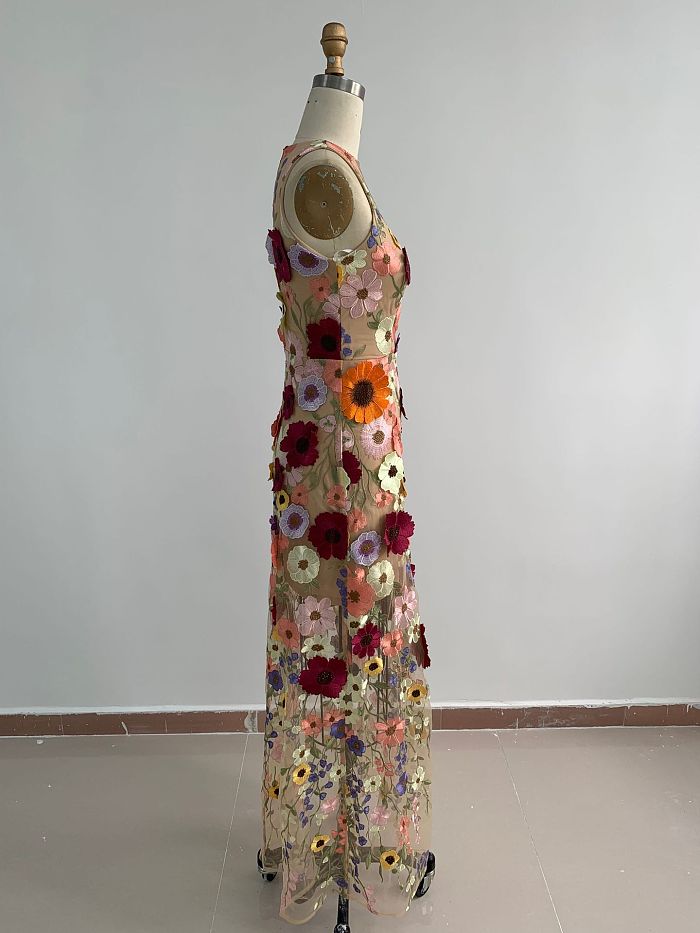 SUPER WHOLESALE |  Saige Sleeveless Mesh Flower Maxi Dress In Blush