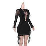 SUPER WHOLESALE |  Long sleeve lace up ruffle self tie mesh mini dress