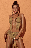 SUPER WHOLESALE | Berlin Knit Fringe Bikini Two Piece Set In Brown