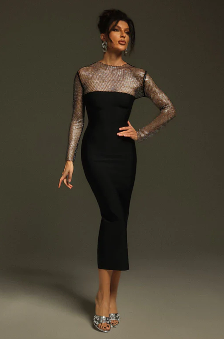 SUPER WHOLESALE | Ruzevich Long Sleeve Crystal Bandage Midi Dress