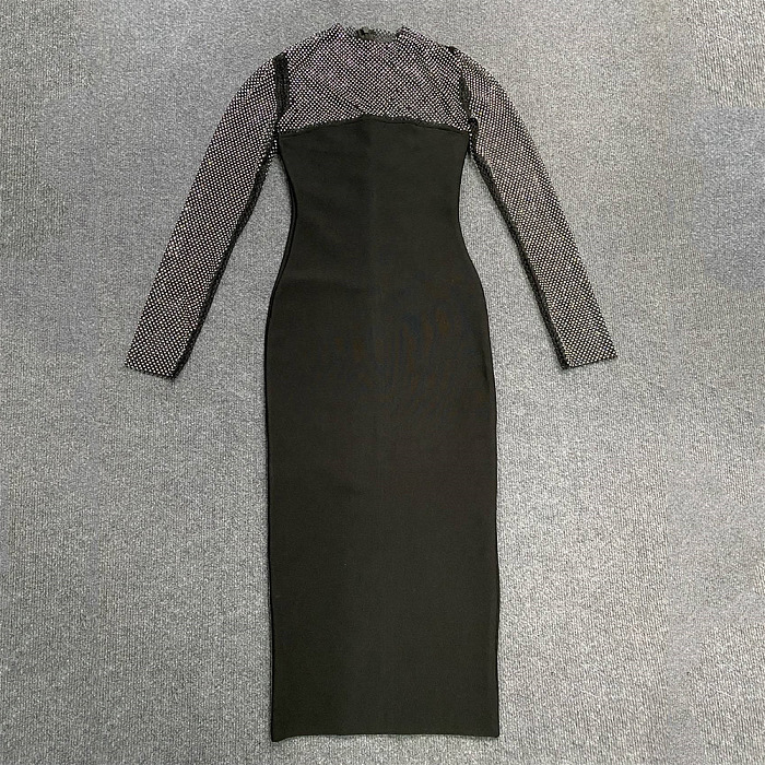SUPER WHOLESALE | Ruzevich Long Sleeve Crystal Bandage Midi Dress