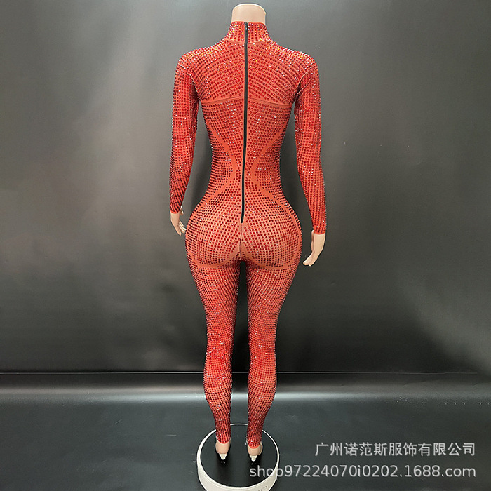 SUPER WHOLESALE | Rosalyn Long Sleeve Rhinestone Jumpsuit In Red