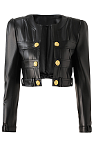 SUPER WHOLESALE |  PU Material Patchwork Small Round Neck Shoulder Pad Dress Set