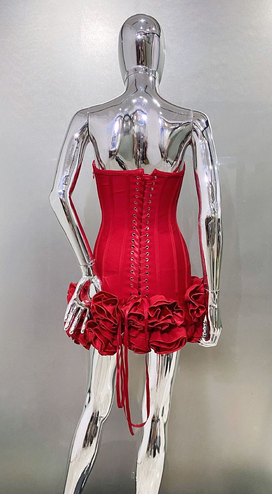SUPER WHOLESALE | Birtin Strapless Flower Mini Dress In Red