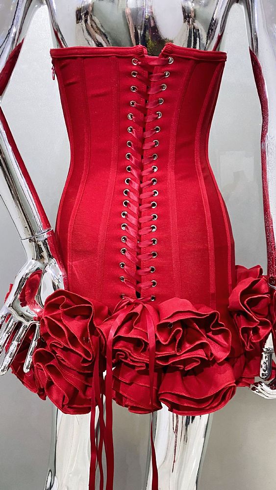 SUPER WHOLESALE | Birtin Strapless Flower Mini Dress In Red