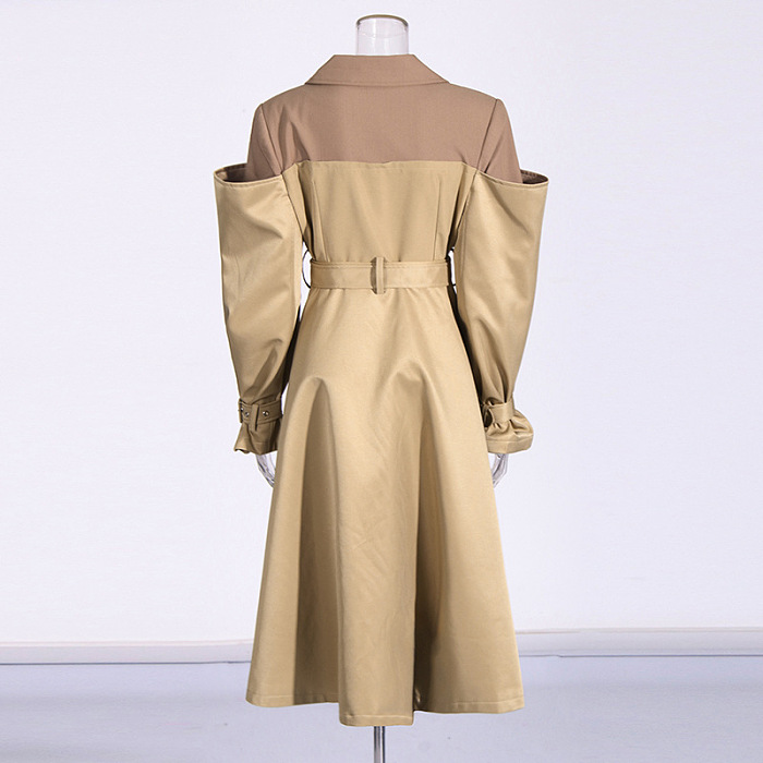 SUPER WHOLESALE |  Color-Blocked Spliced Faux Two-Piece Design Long Trench Coat
