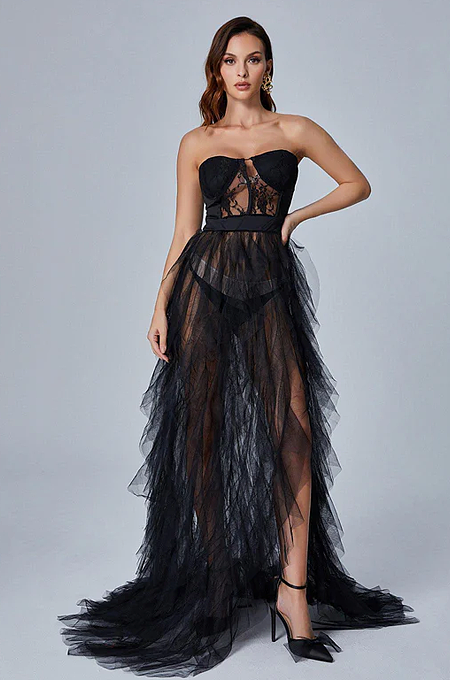 WHOLESALE | Off-shoulder Chiffon Lace Dress in Black