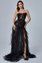WHOLESALE | Off-shoulder Chiffon Lace Dress in Black