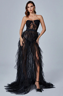 WHOLESALE | Off-shoulder Chiffon Lace Dress in Black