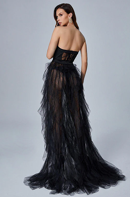 WHOLESALE | Off-shoulder Chiffon Lace Dress in Black