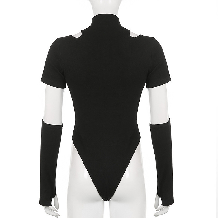 SUPER WHOLESALE |  Patchwork Hollow Round Neck Off-Shoulder Strap Sleeve Bodysuit