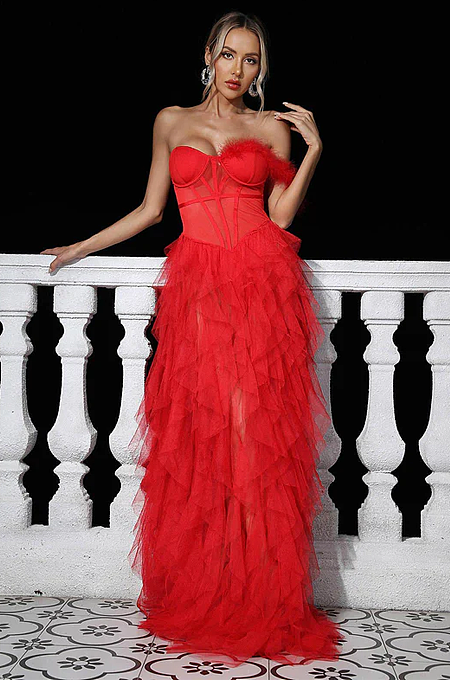 SUPER WHOLESALE |    Titania One Shoulder Tulle Maxi Dress In Red