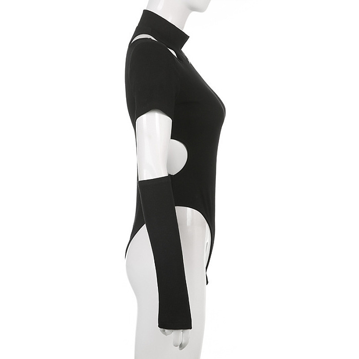 SUPER WHOLESALE |  Patchwork Hollow Round Neck Off-Shoulder Strap Sleeve Bodysuit