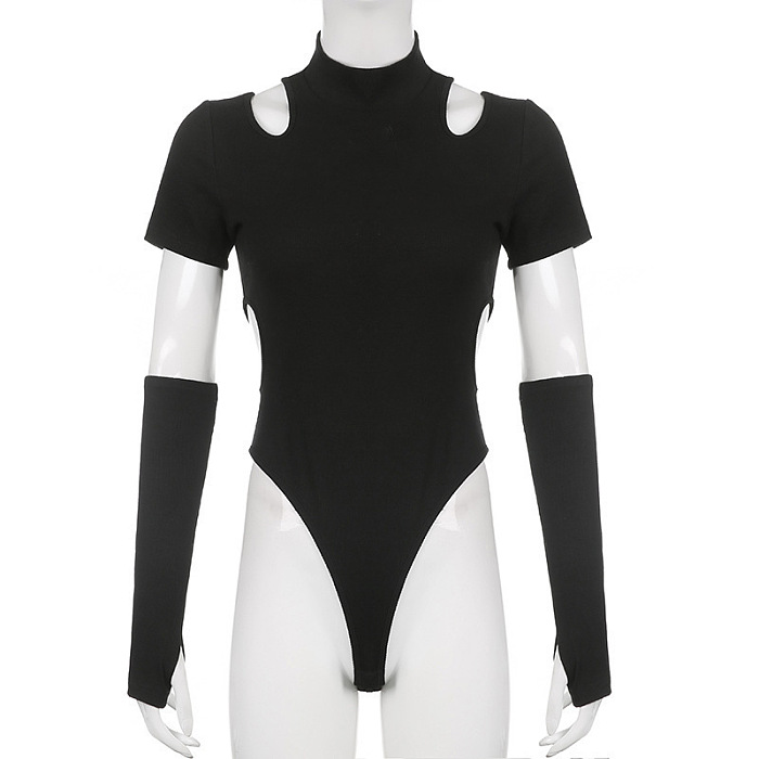SUPER WHOLESALE |  Patchwork Hollow Round Neck Off-Shoulder Strap Sleeve Bodysuit
