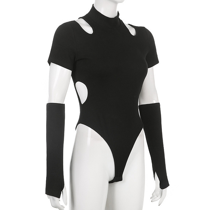 SUPER WHOLESALE |  Patchwork Hollow Round Neck Off-Shoulder Strap Sleeve Bodysuit
