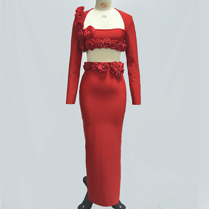 SUPER WHOLESALE | Rufus Flower Bandage Skirt Set In Red