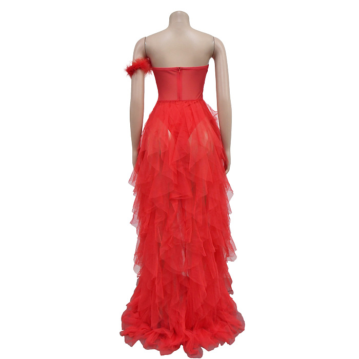 SUPER WHOLESALE |    Titania One Shoulder Tulle Maxi Dress In Red