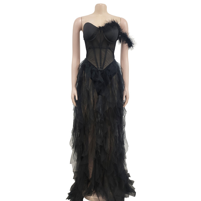 SUPER WHOLESALE | Titania One Shoulder Tulle Maxi Dress In Black