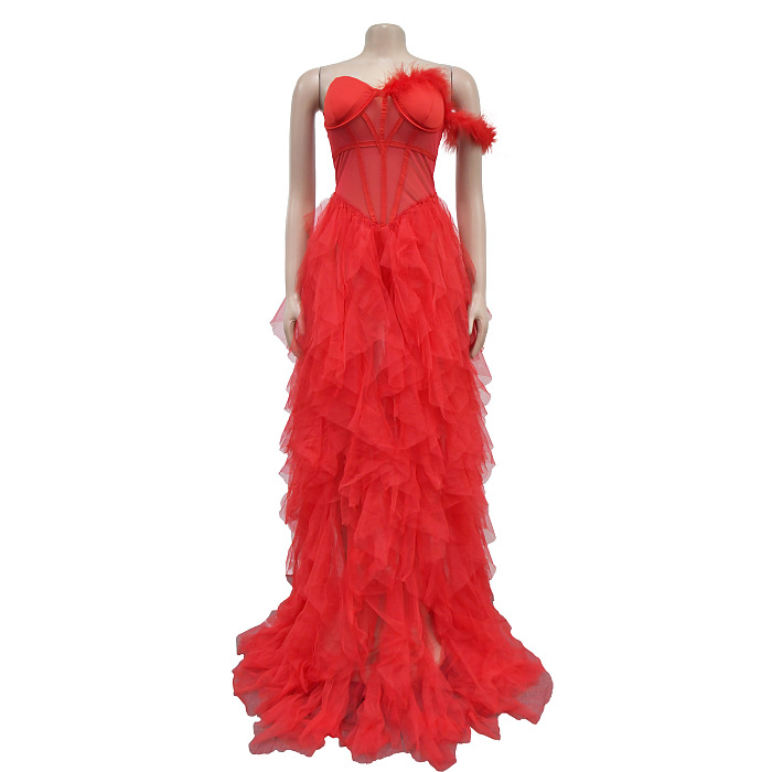 SUPER WHOLESALE |    Titania One Shoulder Tulle Maxi Dress In Red