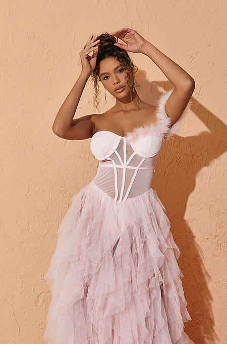 SUPER WHOLESALE | Titania One Shoulder Tulle Maxi Dress In Blush