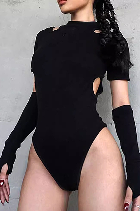 SUPER WHOLESALE |  Patchwork Hollow Round Neck Off-Shoulder Strap Sleeve Bodysuit