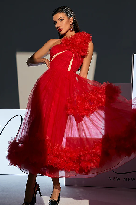 SUPER WHOLESALE |Ghslaine One Shoulder Tulle Midi Dress