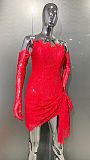 SUPER WHOLESALE | Pora Strapless Ruched Lace Dress With Gloves In Red