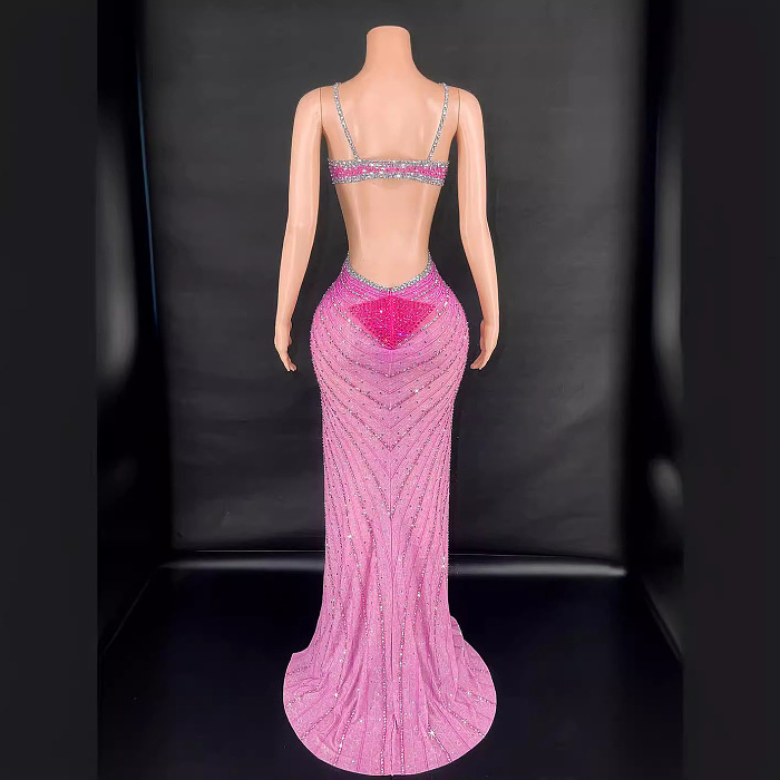 SUPER WHOLESALE | Grey Crystal Cutout Maxi Dress In Hot Pink