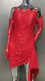 SUPER WHOLESALE | Pora Strapless Ruched Lace Dress With Gloves In Red
