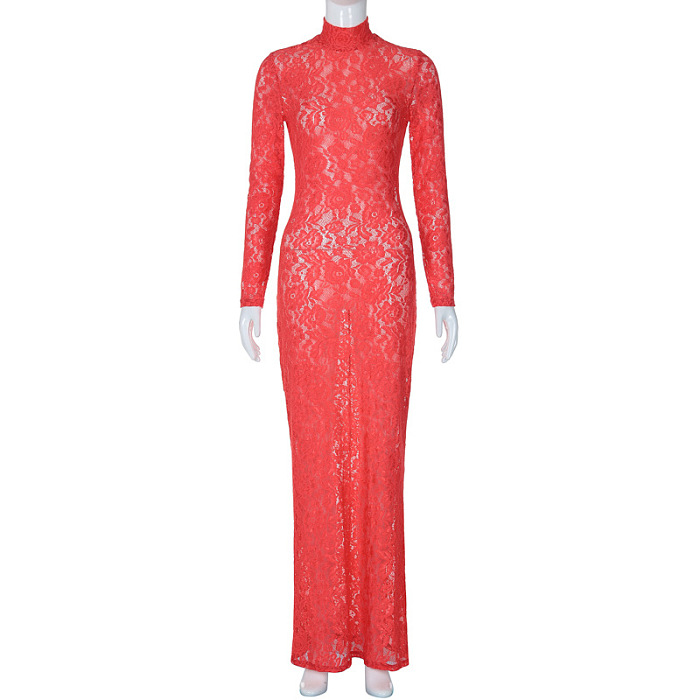 SUPER WHOLESALE |Damien Long Sleeve Lace Maxi Dress In Red