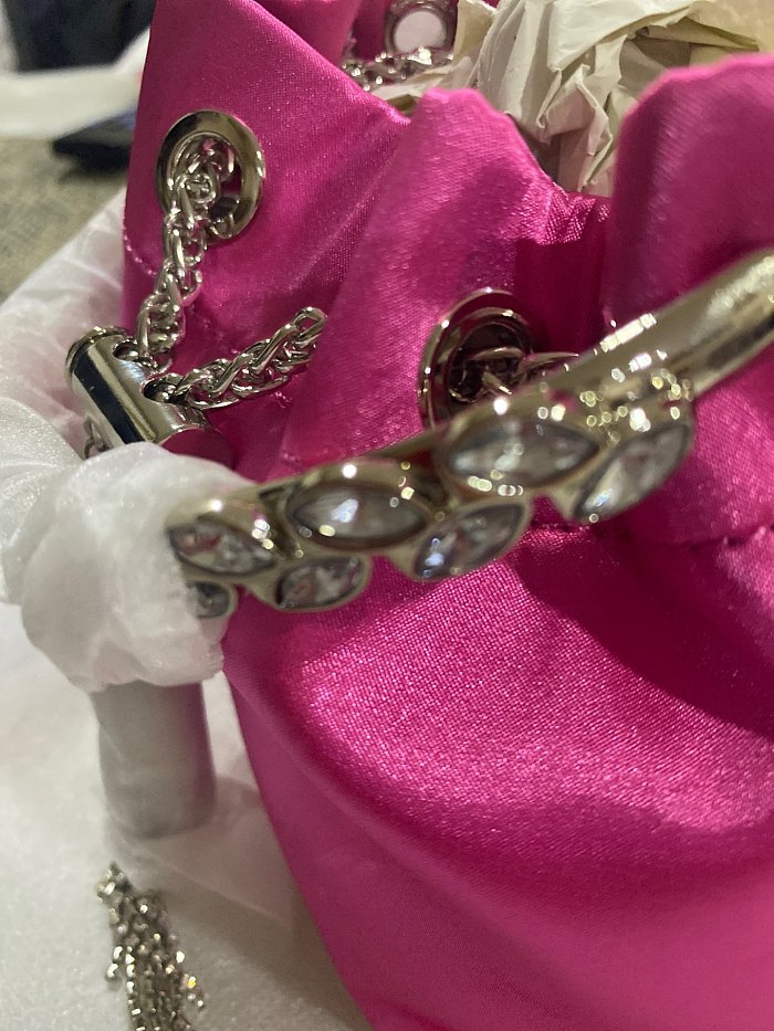 SUPER WHOLESALE | Mattea Satin Crystal Embellished Bucket Bag In Hot Pink