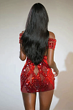 SUPER WHOLESALE | Bly Off Shoulder Rhinestone Mini Dress In Red